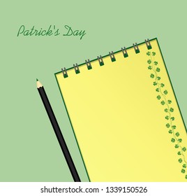 Notebook with template hand-drawn Green festive bunting with clover and pencil. Irish holiday - Happy St. Patrick's Day with a garland of three-leaf. Vector. A realistic notepad. Office stationery.