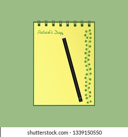 Notebook with template hand-drawn Green festive bunting with clover and pencil. Irish holiday - Happy St. Patrick's Day with a garland of three-leaf. Vector. A realistic notepad. Office stationery.