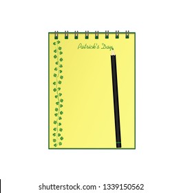Notebook with template hand-drawn Green festive bunting with clover and pencil. Irish holiday - Happy St. Patrick's Day with a garland of three-leaf. Vector. A realistic notepad. Office stationery.