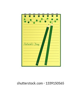 Notebook with template hand-drawn Green festive bunting with clover and pencil. Irish holiday - Happy St. Patrick's Day with a garland of three-leaf. Vector. A realistic notepad. Office stationery.