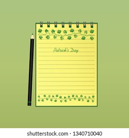 Notebook with template hand-drawn Green festive bunting with clover and pencil. Irish holiday - Happy St. Patrick's Day with a garland of three-leaf. Vector. A realistic notepad. Office stationery.