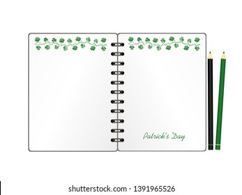 Notebook with template hand-drawn Green festive bunting with clover and pencil. Irish holiday - Happy St. Patrick's Day with a garland of three-leaf. Greeting card on holiday. Vector.