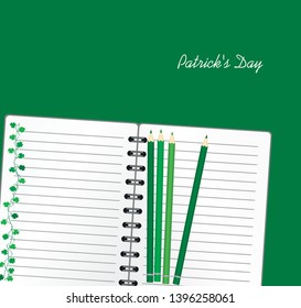 Notebook with template hand-drawn Green festive bunting with clover and pencil. Irish holiday - Happy St. Patrick's Day with a garland of three-leaf. Greeting card on holiday. Vector.