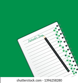Notebook with template hand-drawn Green festive bunting with clover and pencil. Irish holiday - Happy St. Patrick's Day with a garland of three-leaf. Greeting card on holiday. Vector.