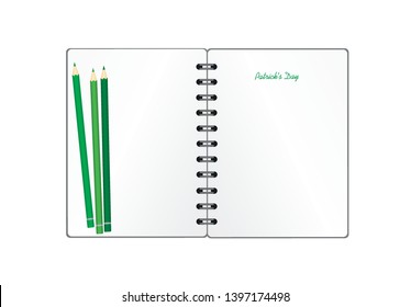 Notebook with template hand-drawn Green festive bunting with clover and pencil. Irish holiday - Happy St. Patrick's Day with a garland of three-leaf. Greeting card on holiday. Vector.