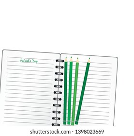 Notebook with template hand-drawn Green festive bunting with clover and pencil. Irish holiday - Happy St. Patrick's Day with a garland of three-leaf. Greeting card on holiday. Vector.