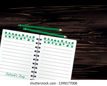 Notebook with template hand-drawn Green festive bunting with clover and pencil. Irish holiday - Happy St. Patrick's Day with a garland of three-leaf. Greeting card on holiday. Vector on wooden back