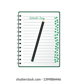 Notebook with template hand-drawn Green festive bunting with clover and pencil. Irish holiday - Happy St. Patrick's Day with a garland of three-leaf. Greeting card on holiday. Vector.
