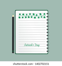Notebook with template hand-drawn Green festive bunting with clover and pencil. Irish holiday - Happy St. Patrick's Day with a garland of three-leaf. Greeting card on holiday. Vector.