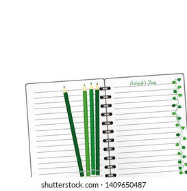 Notebook with template hand-drawn Green festive bunting with clover and pencil. Irish holiday - Happy St. Patrick's Day with a garland of three-leaf. Greeting card on holiday. Vector.