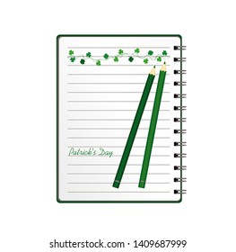 Notebook with template hand-drawn Green festive bunting with clover and pencil. Irish holiday - Happy St. Patrick's Day with a garland of three-leaf. Greeting card on holiday. Vector.