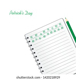Notebook with template hand-drawn Green festive bunting with clover and pencil. Irish holiday - Happy St. Patrick's Day with a garland of three-leaf. Greeting card on holiday. Vector.