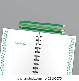 Notebook with template hand-drawn Green festive bunting with clover and pencil. Irish holiday - Happy St. Patrick's Day with a garland of three-leaf. Greeting card on holiday. Vector.