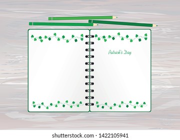 Notebook with template hand-drawn Green festive bunting with clover and pencil. Irish holiday - Happy St. Patrick's Day with a garland of three-leaf. Greeting card on holiday. Vector on wooden back