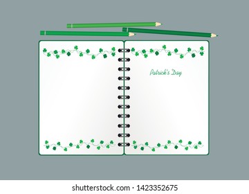 Notebook with template hand-drawn Green festive bunting with clover and pencil. Irish holiday - Happy St. Patrick's Day with a garland of three-leaf. Greeting card on holiday. Vector.