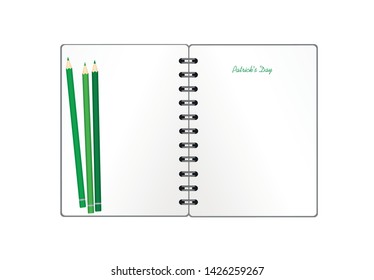 Notebook with template hand-drawn Green festive bunting with clover and pencil. Irish holiday - Happy St. Patrick's Day with a garland of three-leaf. Greeting card on holiday. Vector.