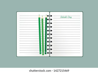 Notebook with template hand-drawn Green festive bunting with clover and pencil. Irish holiday - Happy St. Patrick's Day with a garland of three-leaf. Greeting card on holiday. Vector.