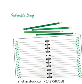 Notebook with template hand-drawn Green festive bunting with clover and pencil. Irish holiday - Happy St. Patrick's Day with a garland of three-leaf. Greeting card on holiday. Vector.