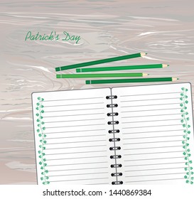 Notebook with template hand-drawn Green festive bunting with clover and pencil. Irish holiday - Happy St. Patrick's Day with a garland of three-leaf. Greeting card on holiday. Vector on wooden back