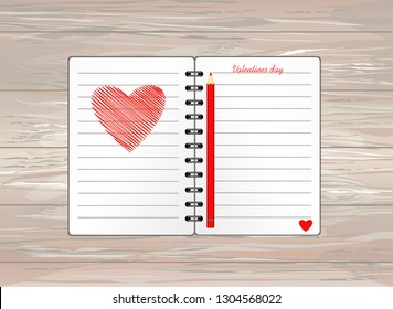 Notebook with template hand-drawn red heart and pencil. Vector on wooden background. Greeting card on holiday. Valentines day. A realistic notepad. Office stationery. For notes