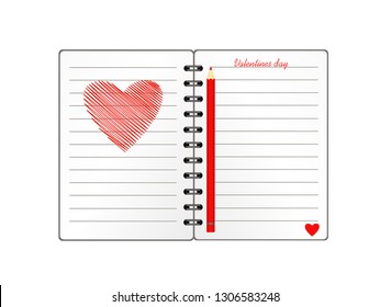 Notebook with template hand-drawn red heart and pencil. Vector on white background. Greeting card on holiday. Valentines day. A realistic notepad. Office stationery. For notes