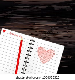 Notebook with template hand-drawn red heart. Pencil. Vector on wooden background. Greeting card on holiday. Valentines day. A realistic notepad. Office stationery. For notes