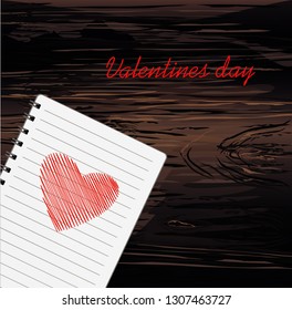 Notebook with template hand-drawn red heart . Vector on wooden background. Greeting card on holiday. Valentines day. A realistic notepad. Office stationery. For notes