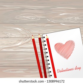 Notebook with template hand-drawn red heart and pencil. Vector on wooden background. Greeting card on holiday. Valentines day. A realistic notepad. Office stationery. For notes