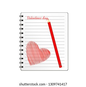 Notebook with template hand-drawn red heart and pencil. Vector on white background. Greeting card on holiday. Valentines day. A realistic notepad. Office stationery. For notes