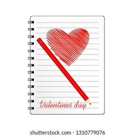 Notebook with template hand-drawn red heart and pencil. Vector on white background. Greeting card on holiday. Valentines day. A realistic notepad. Office stationery. For notes