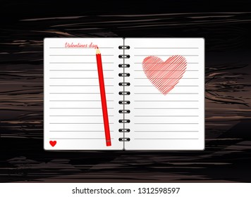 Notebook with template hand-drawn red heart and pencil. Vector on wooden background. Greeting card on holiday. Valentines day. A realistic notepad. Office stationery. For notes