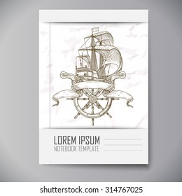 Notebook template. Items on the marine theme. Hand drawn elements.