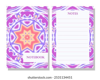 Notebook template with mandala pattern. Vector illustration. For scrapbooking, greeting cards, invitations. Bright vibrant kaleidoscope, with purple and orange colors. Interlocking shapes design.