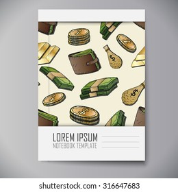Notebook template. Money background. Isolated hand-drawn elements.