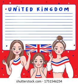 Notebook Template with Pretty Girls holding national flag : UK : Vector Illustration