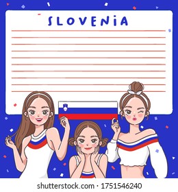 Notebook Template with Pretty Girls holding national flag : Slovenia : Vector Illustration