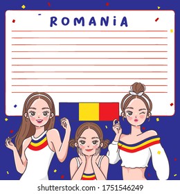 Notebook Template with Pretty Girls holding national flag : Romania : Vector Illustration