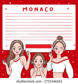 Notebook Template with Pretty Girls holding national flag : Monaco : Vector Illustration