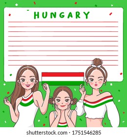 Notebook Template with Pretty Girls holding national flag : Hungary : Vector Illustration