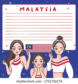 Notebook Template with Pretty Girls holding national flag : Malaysia : Vector Illustration