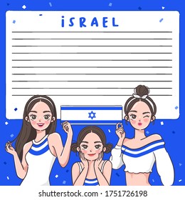 Notebook Template with Pretty Girls holding national flag : Israel : Vector Illustration