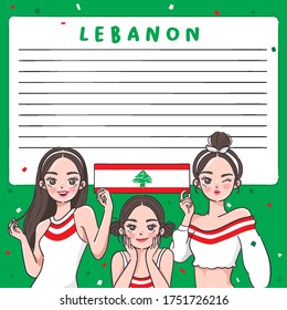 Notebook Template with Pretty Girls holding national flag : Lebanon : Vector Illustration