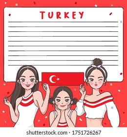 Notebook Template with Pretty Girls holding national flag : Turkey : Vector Illustration