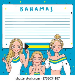 Notebook Template with Pretty Girls holding national flag : Bahamas : Vector Illustration
