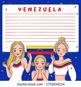 Notebook Template with Pretty Girls holding national flag : Venezuela : Vector Illustration
