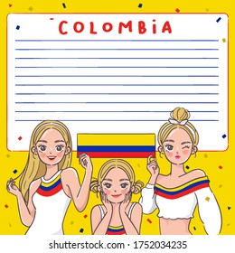 Notebook Template with Pretty Girls holding national flag : Colombia : Vector Illustration