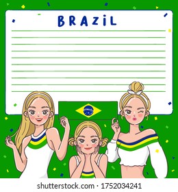 Notebook Template with Pretty Girls holding national flag : Brazil : Vector Illustration