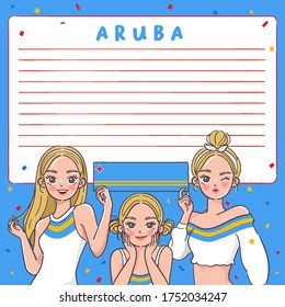 Notebook Template with Pretty Girls holding national flag : Aruba : Vector Illustration