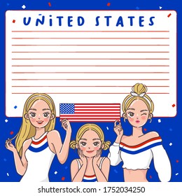 Notebook Template with Pretty Girls holding national flag : USA : Vector Illustration