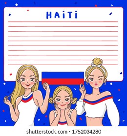 Notebook Template with Pretty Girls holding national flag : Haiti : Vector Illustration